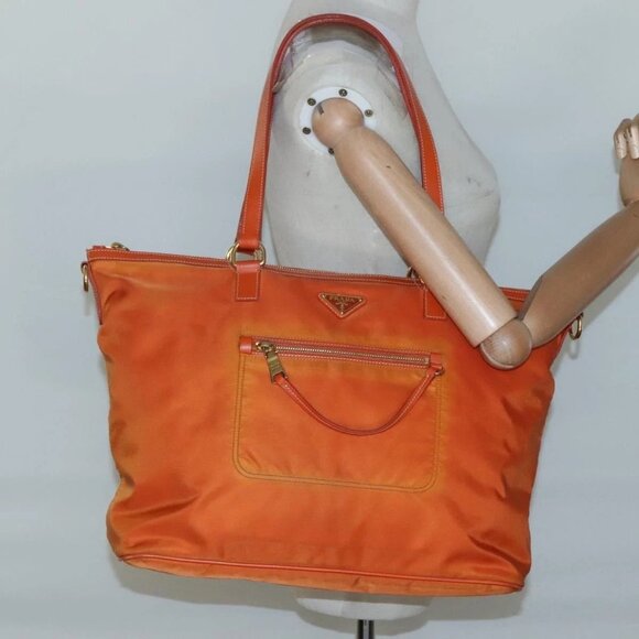 PRADA Tote Bag Nylon Orange Gold Auth ti3145 - Picture 14 of 16